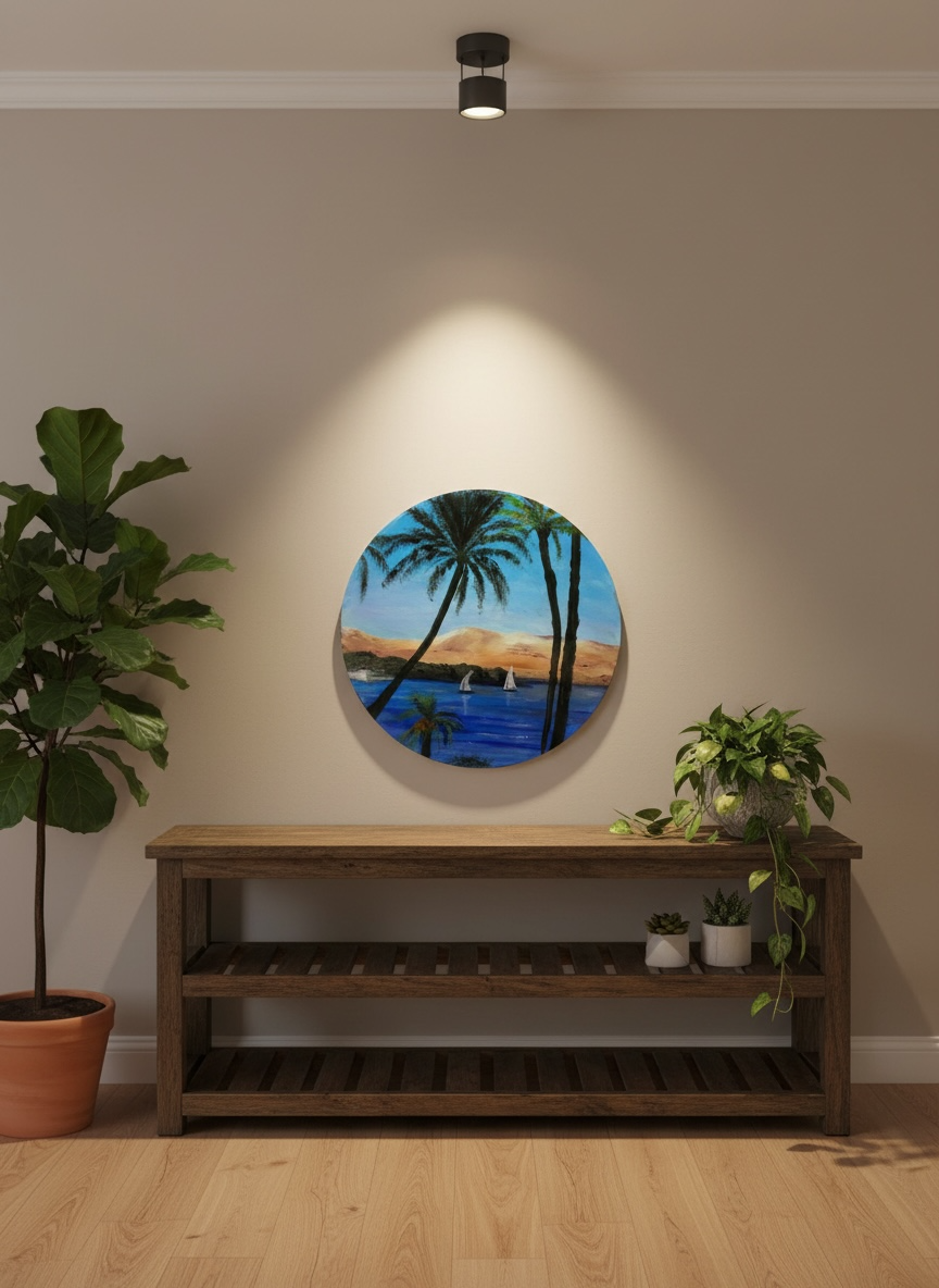 Round painting of an Egyptian scene on a wall above a wooden console table with plants.