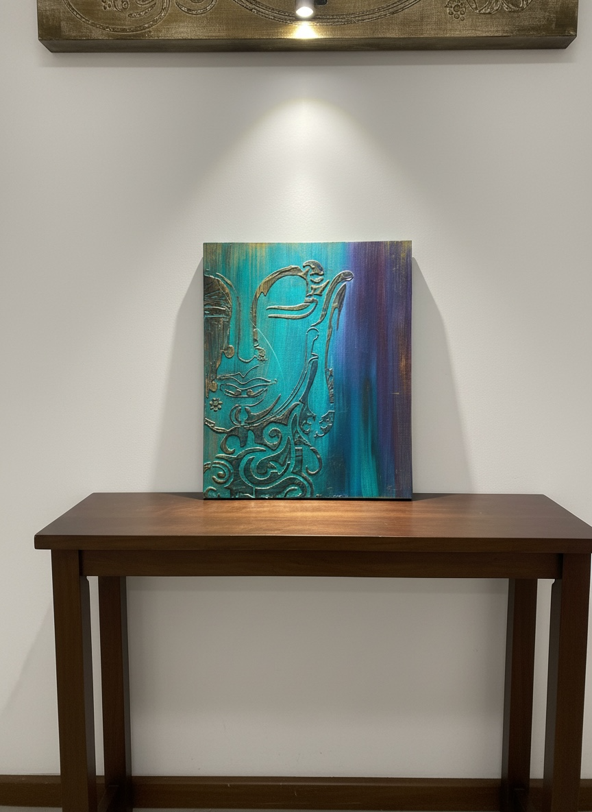 Abstract painting on a wooden table against a white wall