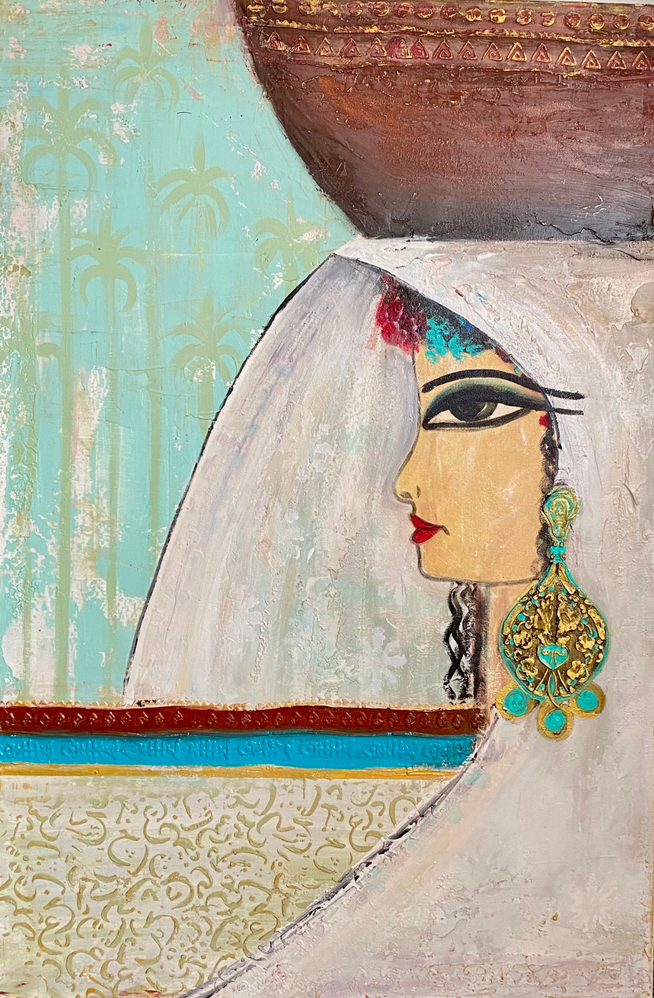 This artwork features a beautiful lady in a peaceful farm setting, reminiscent of ancient Egypt, carrying a pot on her head while gazing at distant palm trees. The warm colours reflect the Nile's landscapes. Arabic letters highlight their role in shaping lives, connecting the strength of women with themes of history and contemporary life.

Dimensions: 91 X 61 CM