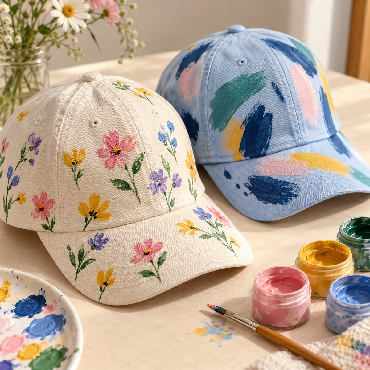 cap-painting-workshop-albany-auckland.png	Hand-painted caps with colourful flowers and abstract patterns