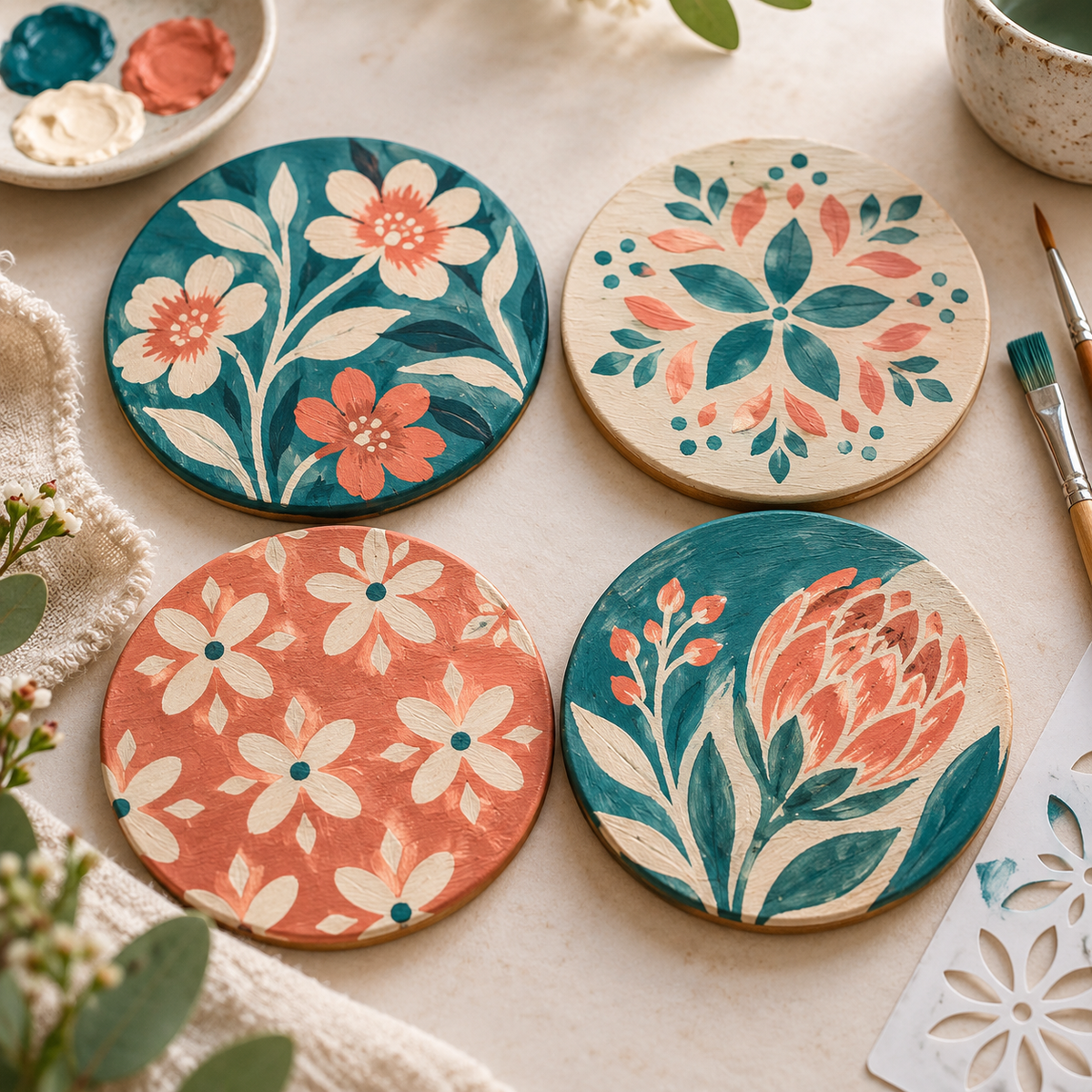 Four wooden coasters painted with coordinated floral patterns