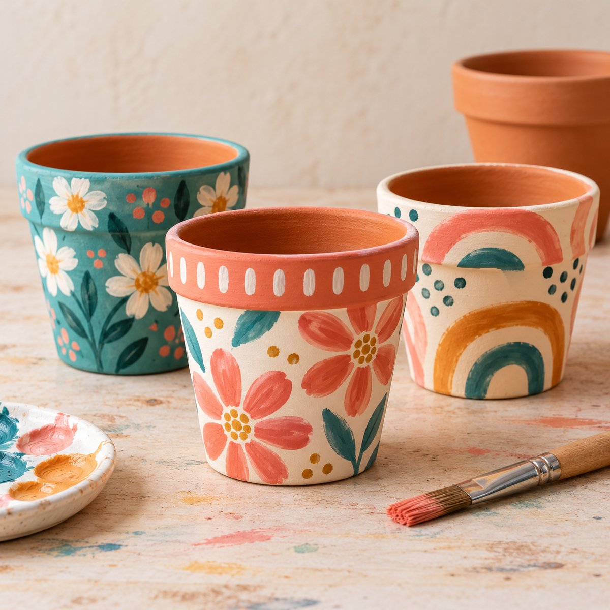 plant pots painted with flowers and colourful patterns