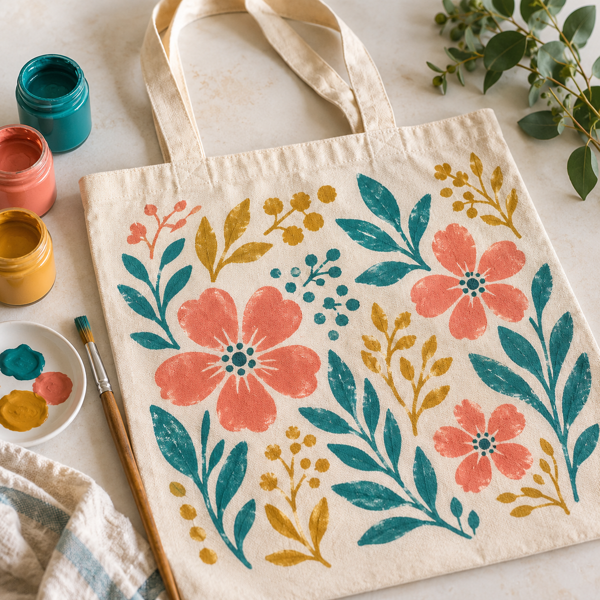 Cotton tote bag decorated with coral flowers and turquoise leaves